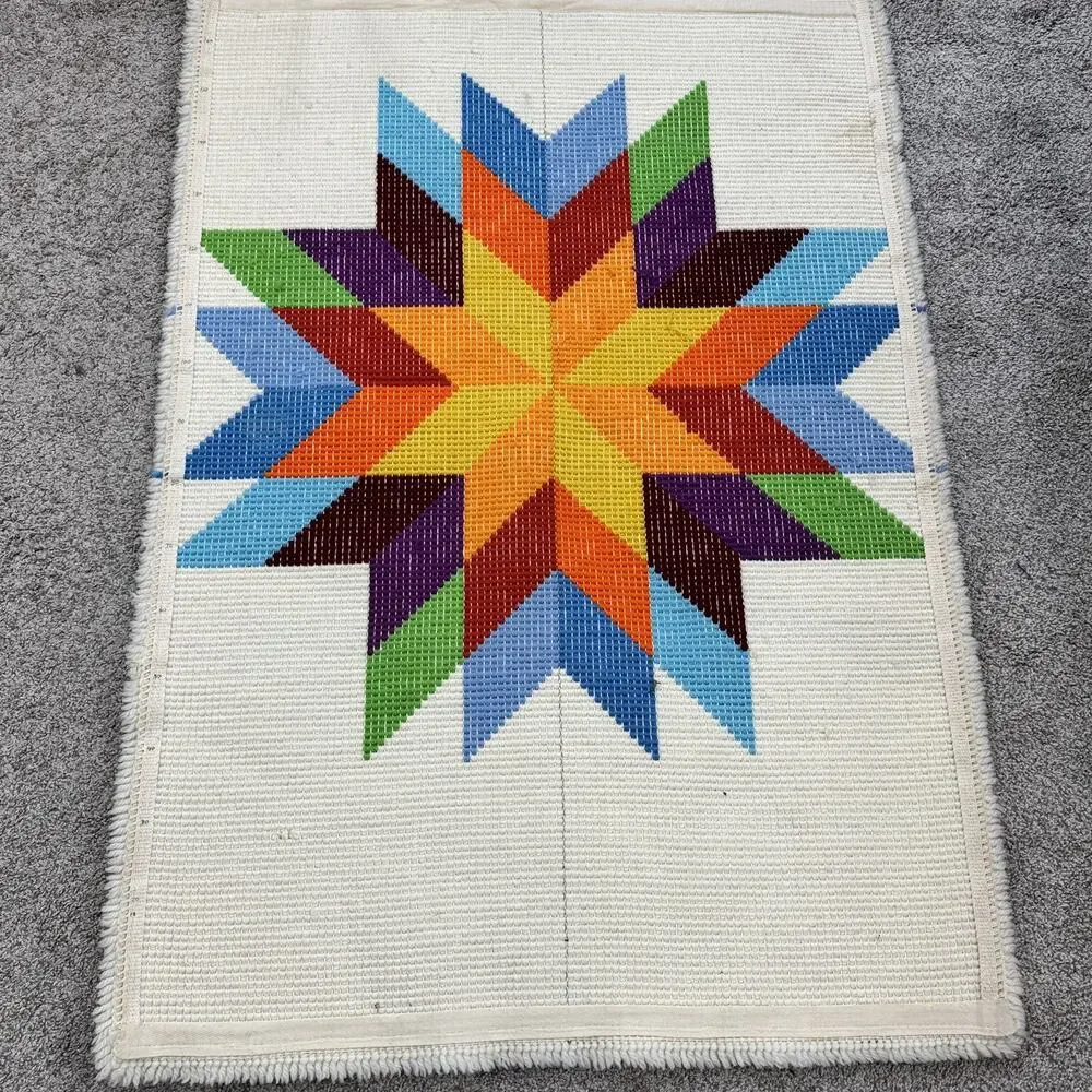 Vintage Latch Hook Accent Rug Quilt Star Pattern Colorful Geometric 17.5